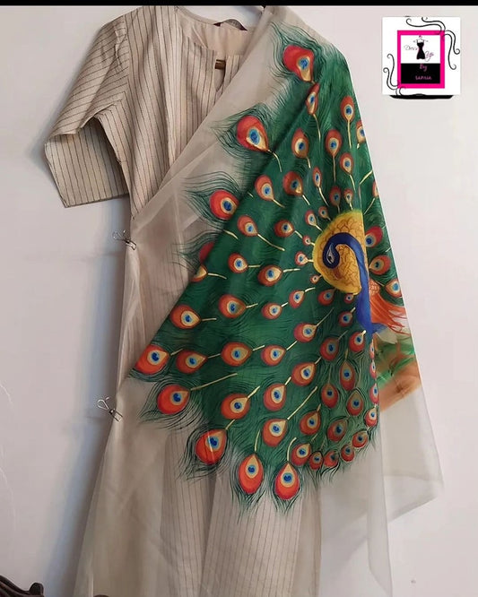 Peacock Painted Unstitched Women’s Dress, Shirt & Dupatta